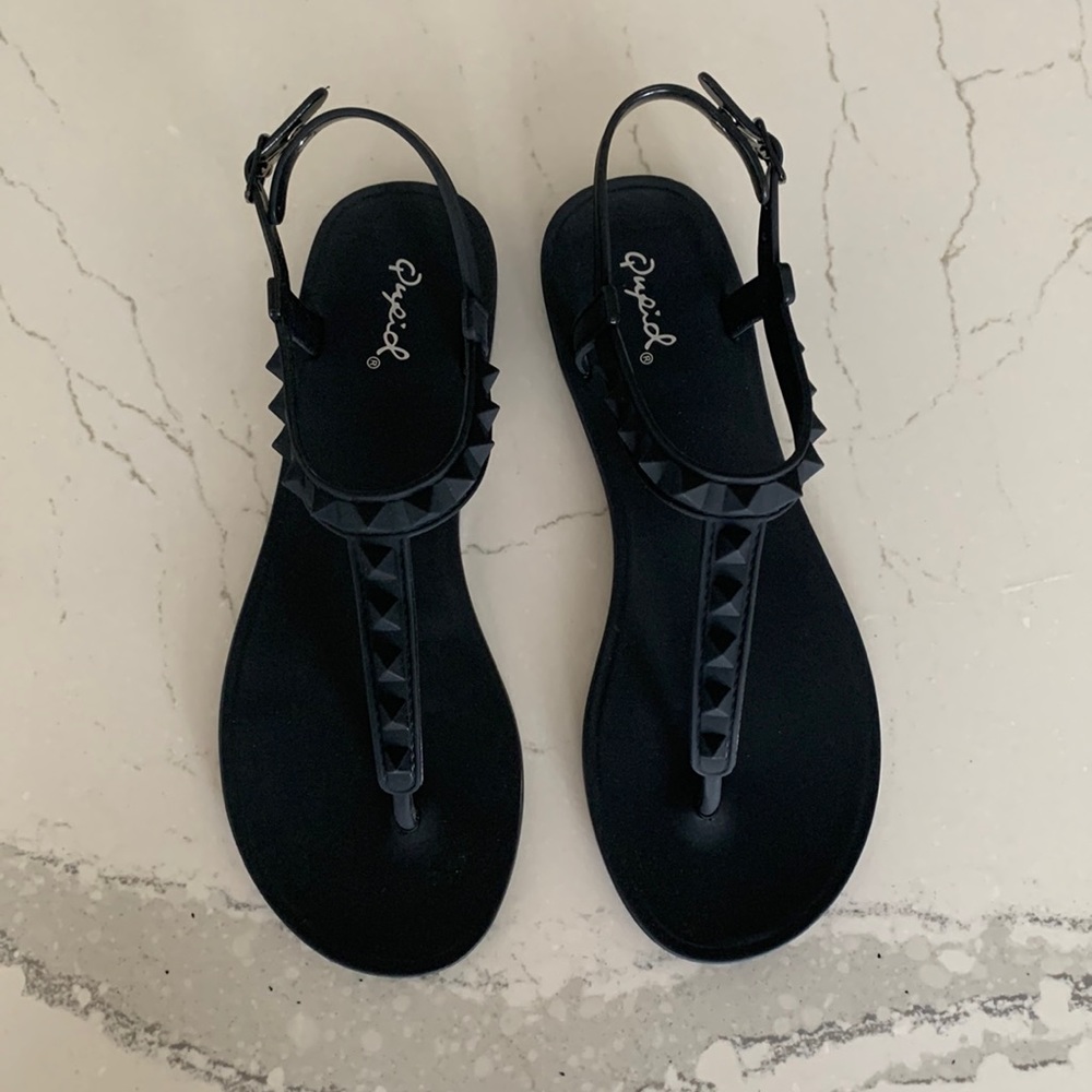 Qupid Black Matte PVC Studded Sandals